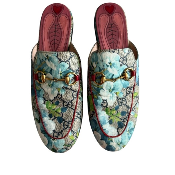 GUCCI Supreme Monogram Blooms Princetown Slippers 40 Beige Blue Navy Hibiscus - Picture 3 of 16